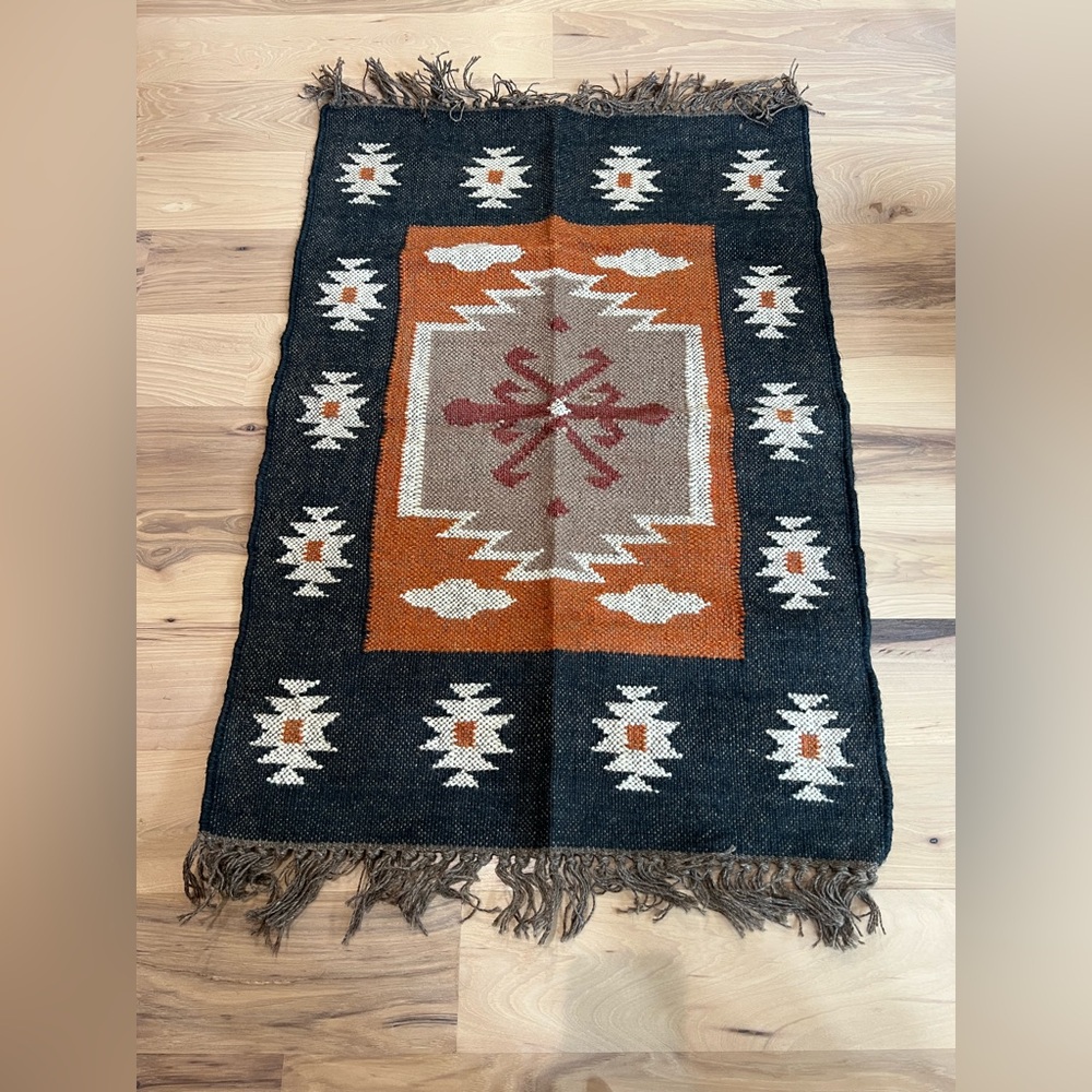 Geometric Tribal Woven Rug - Black, Rust & Cream